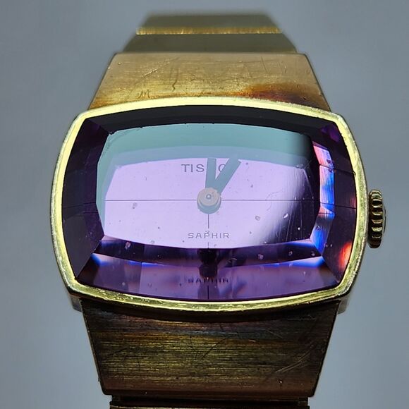 Tissot Saphir 1970s Watch Vintage Ladies Rare10k Gold platedPurpleCrystal Windup